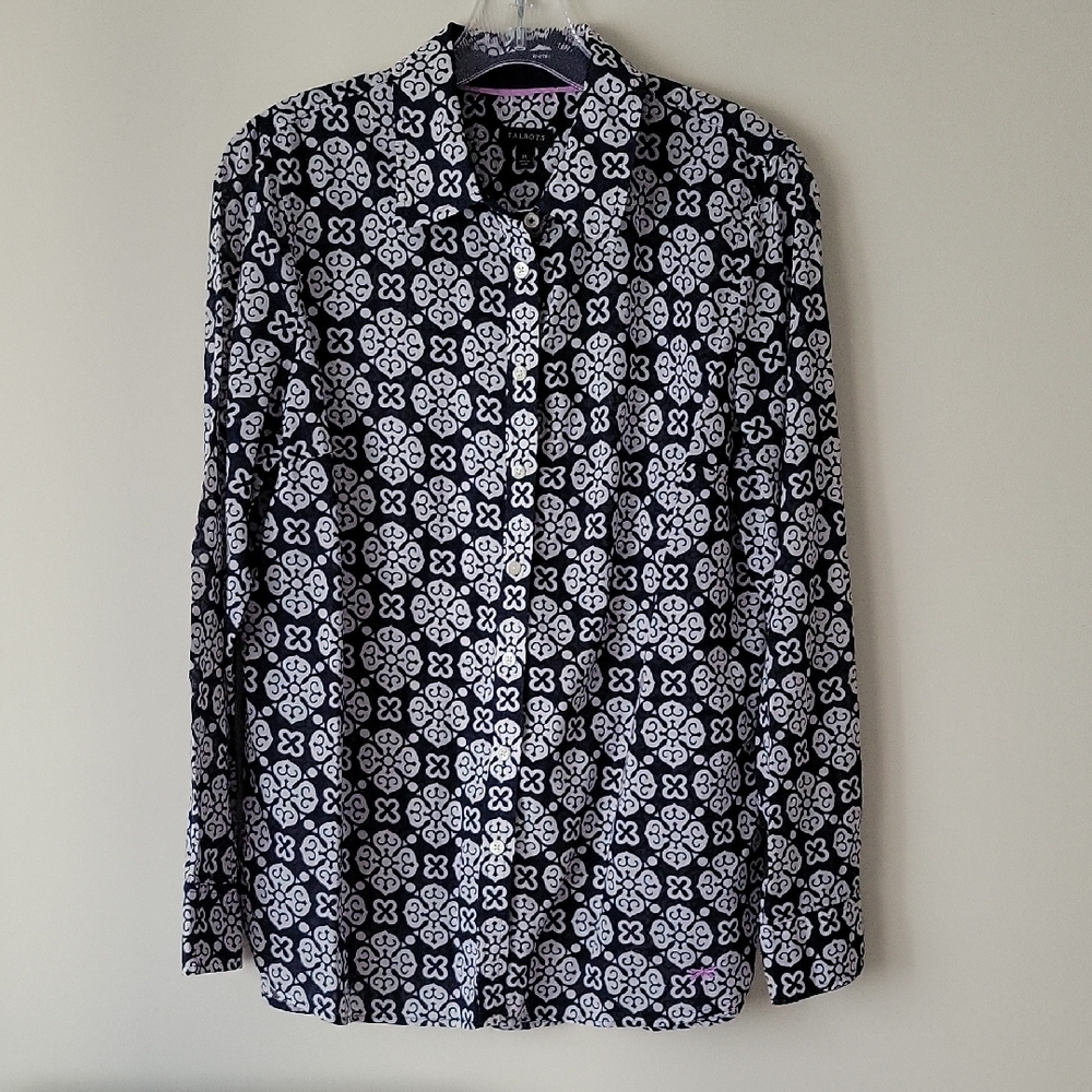 Talbots Women's Navy and White Long Sleeve Cotton Shirt- Size M